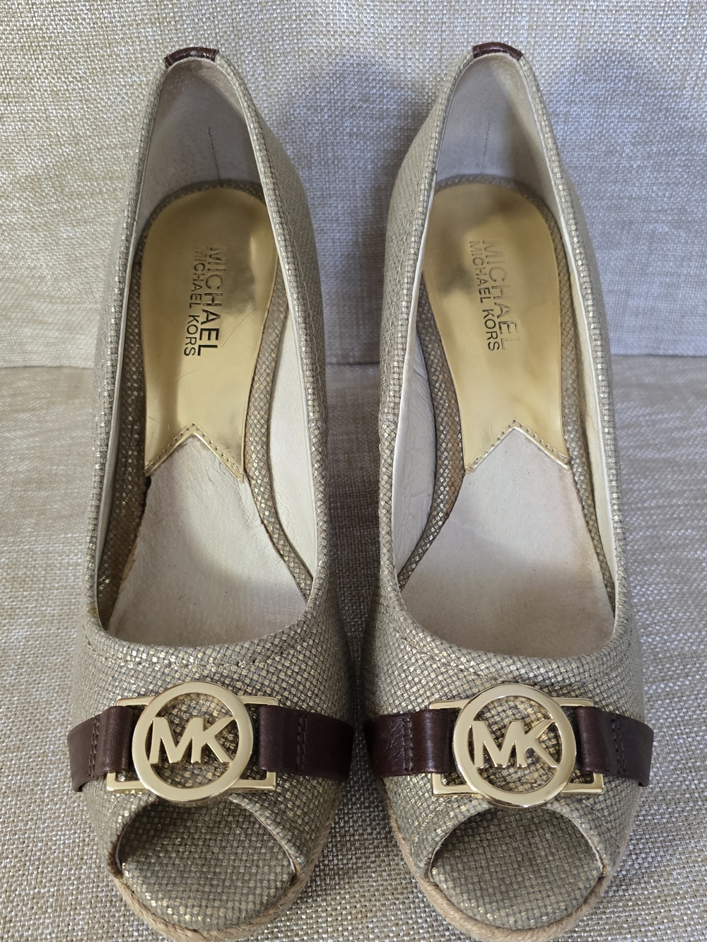 Michael by Michael Kors Gold & Brown Peep-Toe Wedge Espadrilles 7.5